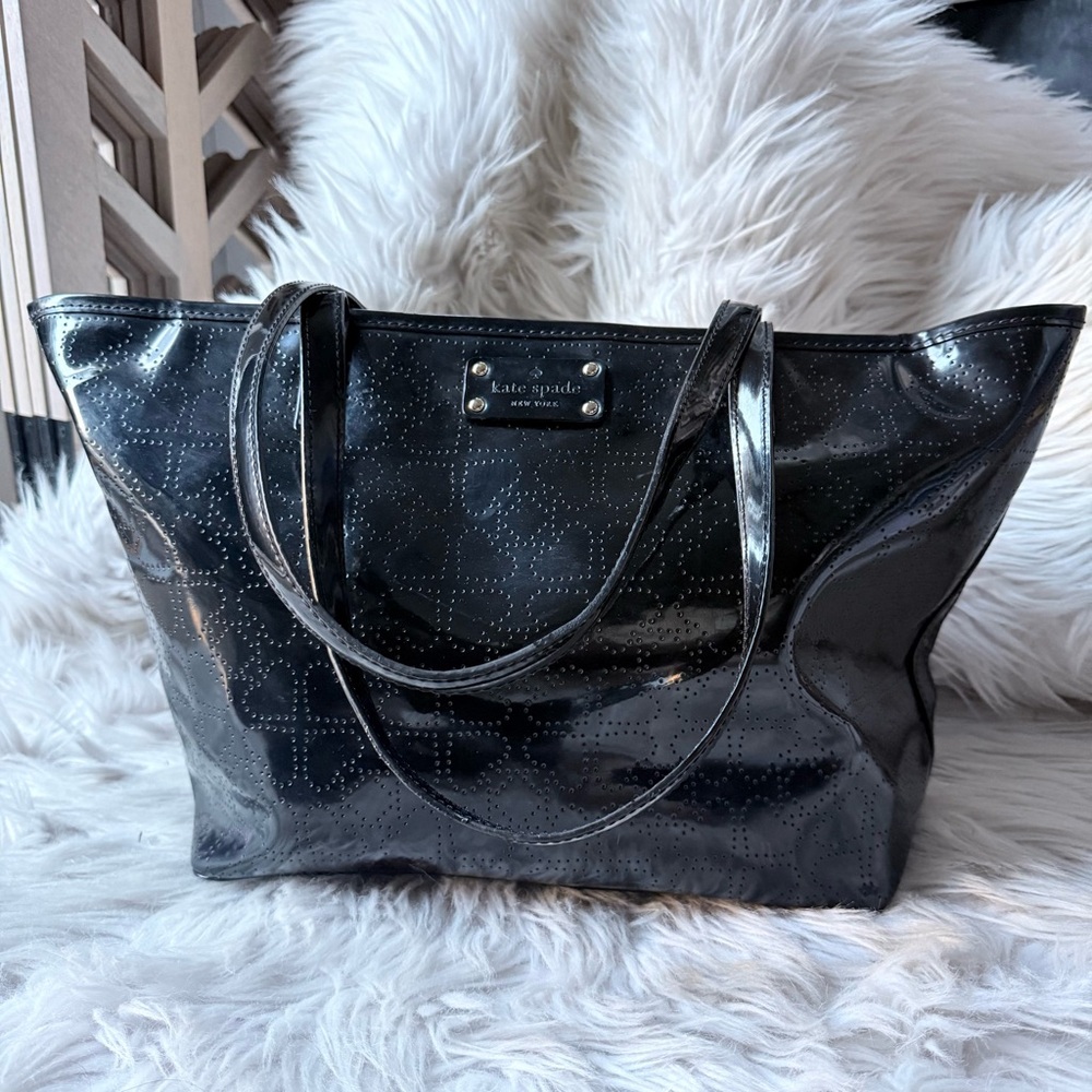 Kate Spade NY Harmony Metro Lg Black Perforated 2 Handle Patent Leather Tote